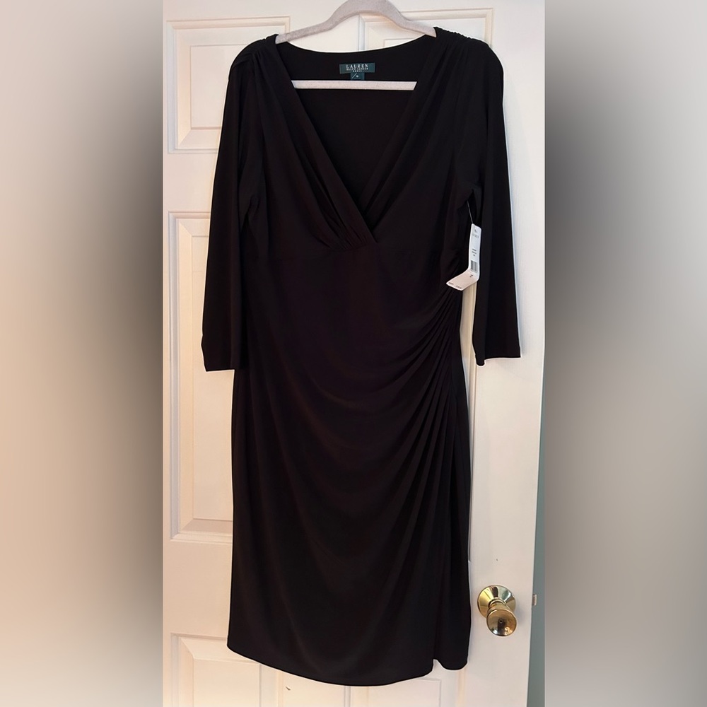 NWT Lauren Ralph Lauren Beautiful Faux Wrap Black Dress. Sz. 16.